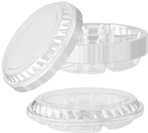 MOUYAT 20 Set 26.5cm 10.4 Inch Clear Round Plastic Snack Trays with Lid, Hold 1000g 6 Divided Compartments Appetizer Party Storage Container with Accessory, Serving Veggie Fruit Tray for Salad Candy