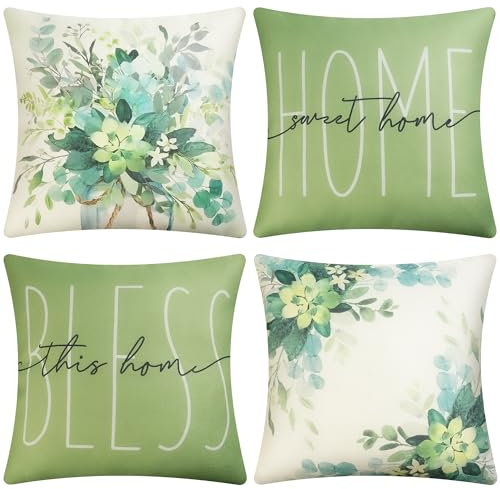 KOUGAS Kissenbezug 60x60cm 4er Set Dekokissen Kissenbezüge Dekoration Outdoor Kissenbezüge Leinen Dekokissen für Schlafzimmer, Sofa, Stuhl, Bett Bedruckter(weiß Grün)