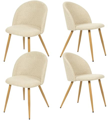 FurnitureR Juego de 4 sillas de Comedor Suaves y cómodas, Tela de Chenilla Beige con Patas de Metal, sillas de salón de Conchas para Cocina y Comedor, Tela, Beige, 46 x 49 x 77 cm