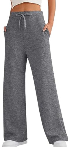 SHEKINI Joggingbyxor, dam, sportbyxor, fritidsbyxor, hög midja, byxor, bomull, tygbyxor, breda byxor, ben, dam, sommar, dambyxor, lösa, Grå-a, M