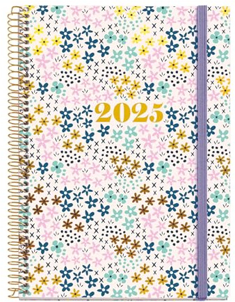 Miquelrius - Dagskalender 2025, Årlig dagbok 155 x 213 mm, dagskalender, fodrad kartongomslag, Spiral, elastisk gummiförslutning, 80 g/m² papper, katalanska, engelska och portugisiska, vår