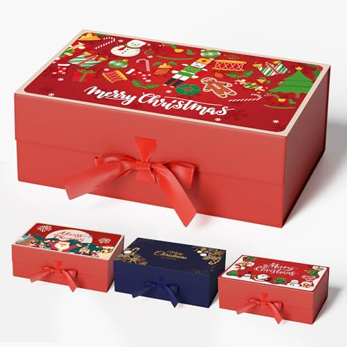 GIFTSAY Scatole magnetiche natalizie con omino di pan di zenzero, 32,2 x 20,3 x 11,4 cm, scatole natalizie rosse deluxe con coperchio, grande scatola di carta per confezioni natalizie (1
