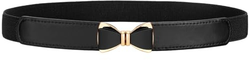 VONMELLI Elastic Skinny Belt for Women Dresses Fashion Stretch Thin Waist Belt Retro Ladies Belt with Bow Buckle Black Fit Waist Size 31 to 37
