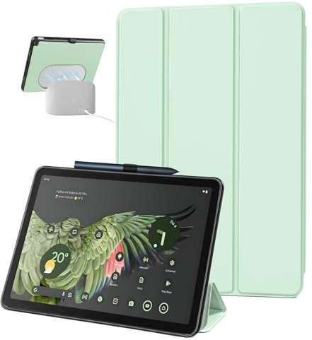 SSS·GRGB Case for 11-inch Google Pixel Tablet 2023 Release, Adjustable Viewing Angle Protective Trifold Stand Slim Cover with Pencil Holder Compatible with Charging Speaker Dock, Light Green