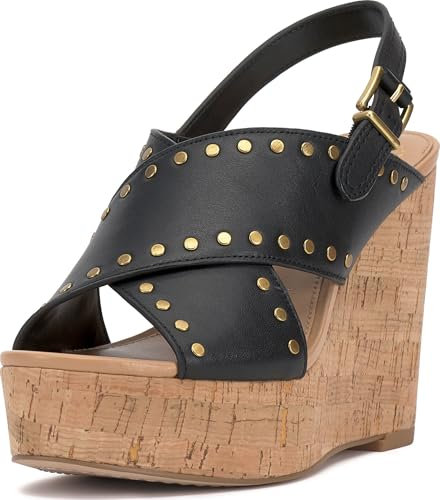 Vince Camuto, Women's, Ellna Cross-Band Wedge Sandals, Black, 11, Medium