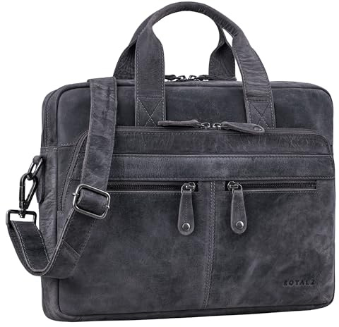 ROYALZ 'Lexington' borsa a tracolla moderna in vera pelle uomo donna medio-grande - borsa piatta in pelle per laptop 13-14,5 pollici da portare a tracolla, Colore:Navy Grigio