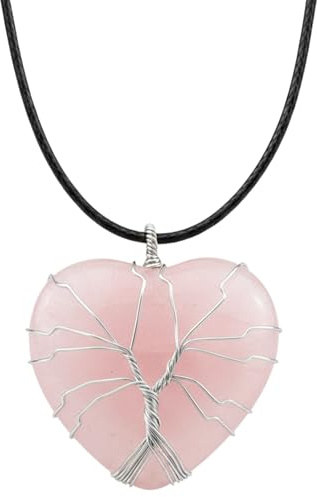 Essenciales Collar Cuarzo Rosa Mujer | Mystic Stones - Colgante Corazón Reiki | Árbol de la Vida | Energía Amorosa | Regalo Espiritual | Ideal Tauro y Libra