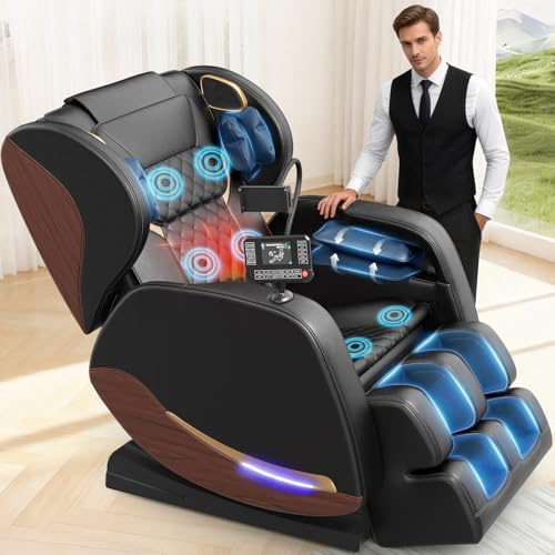 yewglen 2026 Massage Chair, Full Body Massage Chair with 14 Fixed Rollers, Wood Grain Leather, Foot Massage, Airbags, Lumbar Heating, Bluetooth and Control Screen (Black)