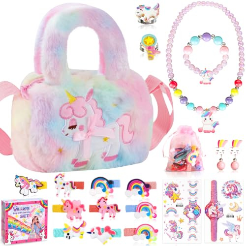BBLTIFF Unicorno Bambina Regalo, 19 Pièces Borsa Unicorno et Gioielli Set, Borsetta con Bracciale, Anello, Collana, Fermagli per Le Orecchie, Bambina Regalo 1-9 Anni