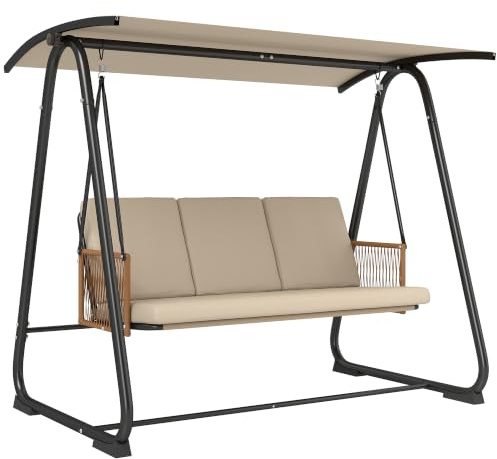 Outsunny Balancelle de Jardin 3 Places Toit Réglable UPF 30+ 360kg Sable | Structure Acier Robuste, Coussin Grand Confort 7cm, Banc Suspendu Extérieur pour Terrasse