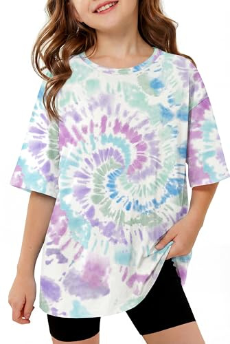 Arshiner Girls Oversized T-Shirt Short Sleeve Crew Neck Side Split | Soft stretch fabric and a relaxed fit create a versatile school tee sports top and everyday summer layer