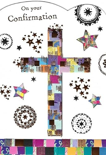 Paper Rose Confirmation Greeting Card, Patchwork Cross & Stars Design, with Envelope