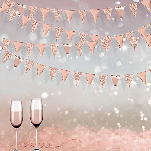 Pink Blume 78pcs Wimpelkette Dreiecke Flagge Pennant Girlande Glitter Dekoration für Feste Geburtstag Party Anniversary Hochzeit Brautdusche (9M+Roségold)