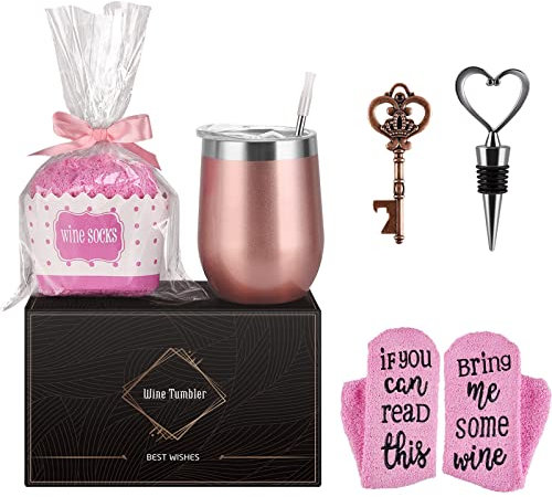Livole Christmas Gifts for Women, Her, Mum, Auntie, Wife, Best Friend, Birthday Tumbler Gift Set, Hamper Presents for Women, 12oz 350ml Wine Tumbler Gift Set with Straw and Lid, Fluffy Wine Socks
