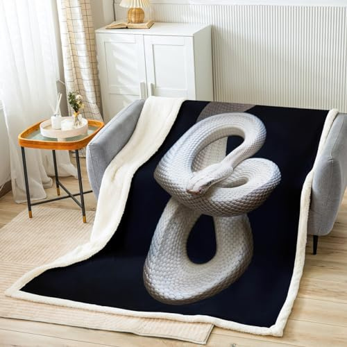 Manfei Snake Bed Throws for Kids Boys Teens 3D White Snake Printed Flannel Fleece Blanket for Couch Sofa Wild Reptile Animal Throw Blanket Cozy Luxury Bed Blanket, Queen Size (90 x 90 Inches)