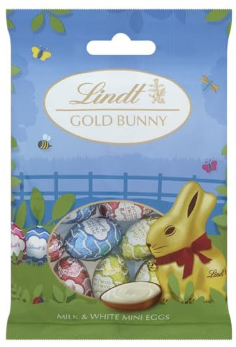 Lindt GOLD BUNNY Milk and White Chocolate Mini Eggs bag, 80g - Perfect for Easter treating or sharing - Individually wrapped Lindt GOLD BUNNY milk chocolate egg with a creamy white filling