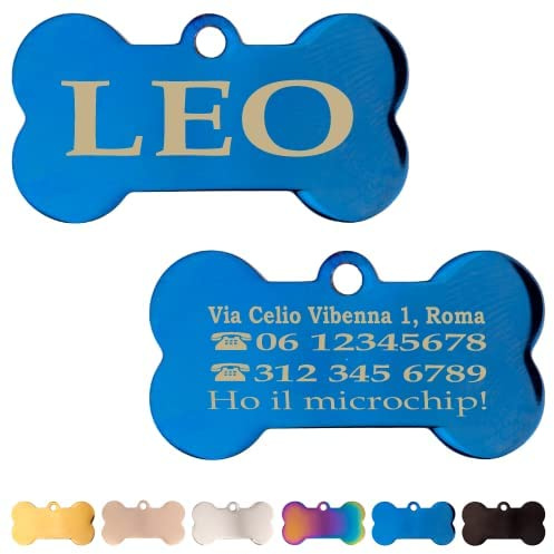 Ibera gifts - Medaglietta Cane Personalizzata, Targhetta Cane con Incisione in Acciaio Inossidabile a Forma di Osso, per Cani e Gatti di Taglia Media e Grande, Medaglietta Gatto Personalizzata (Blu)
