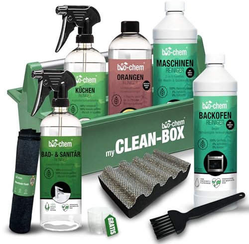 bio-chem Küchenreiniger Premium Set 10-teilig: Küchenfrontenreiniger, Backofenreiniger, Kalkreiniger, Maschinenreiniger, Orangenreiniger, Küchenschwamm, Mikrofasertuch, Pinsel, Tragebox - Made in DE