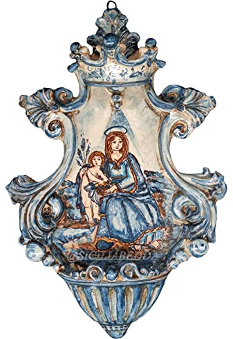 sicilia bedda - Acquasantiera in Ceramica di Caltagirone - Prodotto interamente a Mano di Alta qualità (Madonna con Gesu' Bambino Blu 30x20)