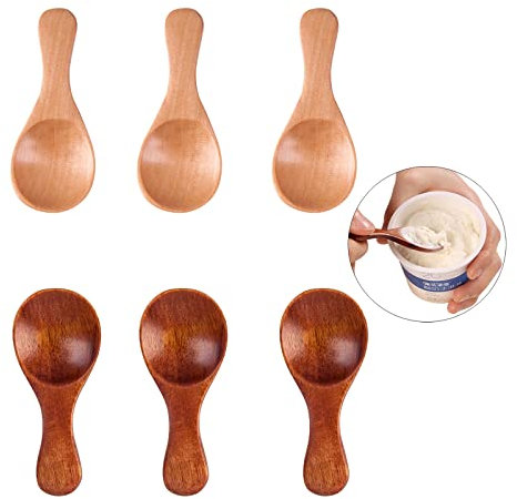 LZZEM 6Pcs Mini Wooden Spoons Short Handle Coffee Tea Sugar Mustard Honey Spoons Solid Wood Condiment Spoons for Salt Spices and Milk Powder