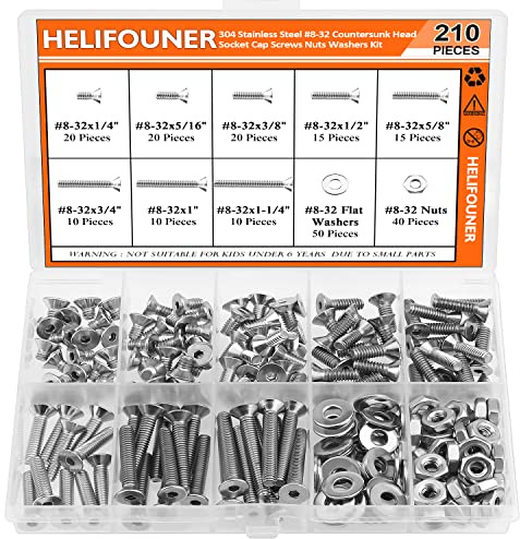 HELIFOUNER 210 Pieces #8-32 x 1/4 5/16 3/8 1/2 5/8 3/4 1 1-1/4, Countersunk Head Socket Cap Screws Bolts Washers Nuts Kit, Coarse Thread, Fully Machine Threaded, 304 Stainless Steel