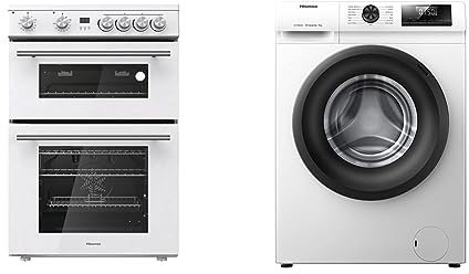 Hisense HDE3211BWUK 60cm Electric Cooker with Ceramic Hob-White A Rated Double Oven & WFQP6012EVM-Freestanding-6 KG-Front Load Durable Inverter Washing Machine