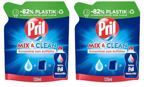 PRIL Mix & Clean Konzentrat zum Auffüllen (2x 120 ml), Handgeschirrspülmittel mit höchster Fettlösekraft, für sauberes Geschirr auch in kaltem Wasser, 82% weniger Plastik