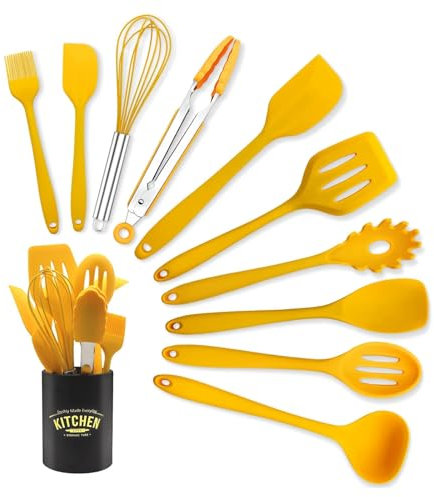 Set di Utensili da Cucina in Silicone - 11 Pezzi Antiaderenti, Resistenti al Calore Con Portautensili, Lavabili in Lavastoviglie (Giallo)