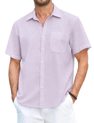 HISDERN linneskjorta herr kortärmad skjorta fritidsskjorta affärsskjorta sommarskjorta med bröstficka casual skjortor normal passform S–4XL, violett, S