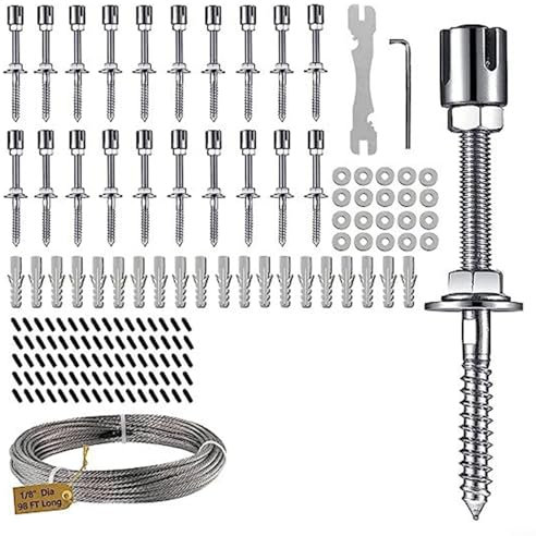 Zilimontt Drahtseil-Set, Edelstahl-Drahtseilkabel, Draht-Rankgitter für Kletterpflanzen im Freien, robustes Wanddraht-Rankgitter-Set mit 30 m Drahtseil, Spannschlösser, Drahtspanner-Set, 20 Sets