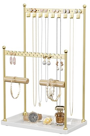 Josmimic 3 Tier Gold Jewelry Stand, Necklace Organizer, Earring Holder with 44 Holes and 9 Hooks, for Necklaces, Bracelets, Rings