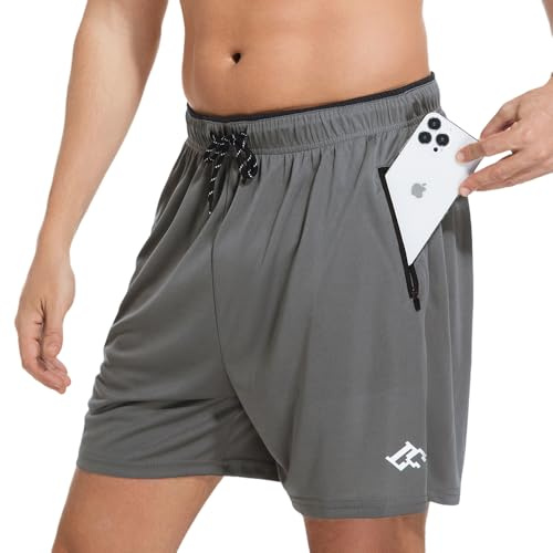 LORSPORTCH Pantalones Cortos de Gimnasio para Hombre para Correr Deportivos con Bolsillos con Cremallera Gris L