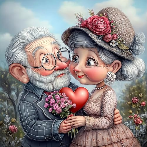 NEWENMO Cartoon Elderly Couple Diamond Painting Kits,Flowers Diamond Art Kits for Adults,5D Love Diamant Painting,DIY Full Drill Gem Art Kits for Adults Beginners,for Living Room Decoration-30x30cm