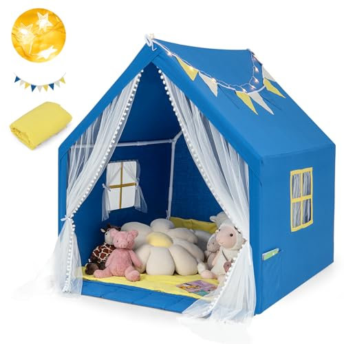 HOMASIS Tienda Campaña para Niños, Carpa Infantil, Casita Interior con Luces Estrellas y Alfombra de Algodón, Cortina de Gasa y Bolsillo Lateral, Cabaña de Juego para 2 Niño,122x105x125cm (Azul)