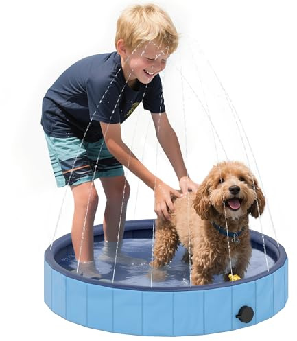PawHut Piscina para Perros Plegable con Aspersor Ø80x20 cm Azul Claro