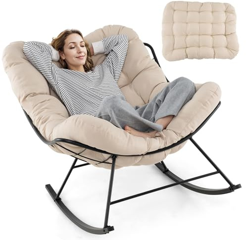 RELAX4LIFE Fauteuil à Bascule de Jardin, Chaise Papasan avec Coussin et Cadre en Métal pour Intérieur et Extérieur, Charge 205KG pour Chambre Salon Porche Jardin Terrasse (Beige)