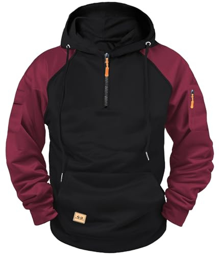 PADOLA Sweat a Capuche Homme 1/4 Zip Pull de Travail Hiver Couleur Vives Cargo Veste mi Saison Manches Longues Polaire Sweats avec Multi-Poches Automne Sweatshirts Chaud (0 Noir, L)