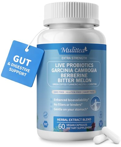 Gut Health Supplement w/Berberine,Garcinia Cambogia,Bitter Melon,Green Coffee, Probiotics, Prebiotics -Supports Digestion, Detox, Energy & Immune Health for Women & Men, 60 Vegan Capsules
