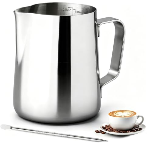 PLACHIDAY Milk Frothing Pitcher, 600ML/20oz Milk Jug for Coffee Machine, Stainless Steel Pitcher with Measurement Mark and Decorating Pen for Making Latte Art and Cappuccino, Silvery