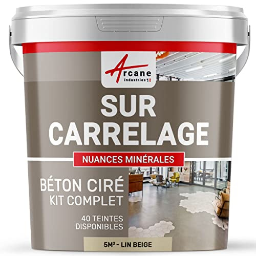Béton ciré sur carrelage, cuisine, salle de bain, mural, sol, plan de travail, revêtement décoratif douche en kit - 5 m² (en 2 couches) Lin Beige - ARCANE INDUSTRIES