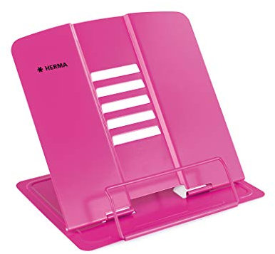 HERMA Metal Book Stand (19.8 x 22.2 x 3.3 cm Folded) Adjustable Anti-Slip Cookbook Holder for Kitchen, School and Office, Reading Rest for Kids, Pink