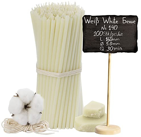 №140-100 Candele di Cera d'Api Bianche: Tradizionali a Stelo e per Uso Domestico, Rituali e di Cera Colorate, Set L-16 cm Ø-5,0 mm, Durata 30 Minuti