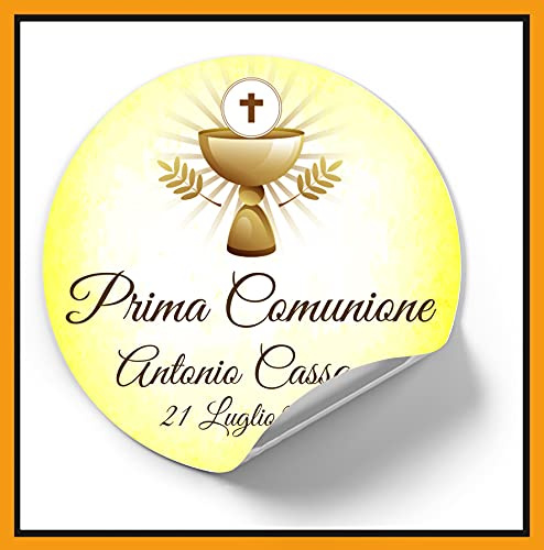 Mr Pubblicità - 100 Adesivi Personalizzati Prima Comunione con Nome, Frase, Data, Etichette Autoadesive per Inviti, Scatolini, Sacchetti, Bomboniere, Regalini, Stampa Inclusa