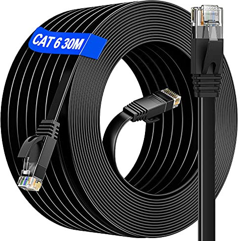 Ethernet Cable 30m Outdoor & Indoor, Long Ethernet Cable High Speed, Cat 6 Flat Gigabit Anti-Interference Internet Cable, For Home/Router/Switch(30 Clips) - Faster Than Cat5/Cat 5E/False Cat 7