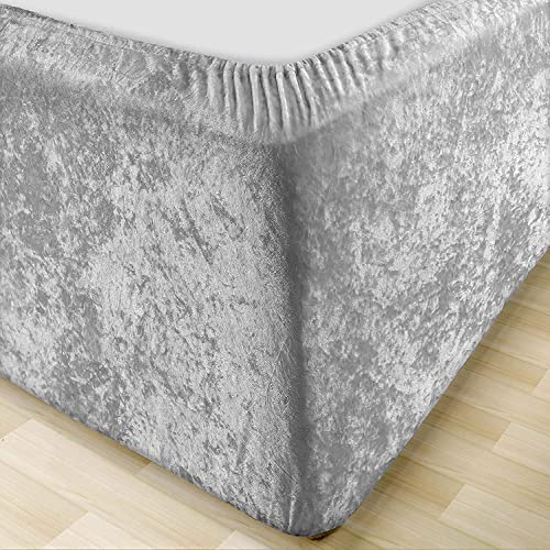 MK Home Textile Crushed Velvet Divan Bed Base Wrap - Silver Grey Deep Fitted Valance Sheet Frame Cover Fully Elasticated Skirt Easy To Fit – Single Double King Super King Size (Silver Grey, Single)