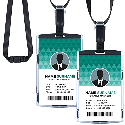 Badge Holder with Adjustable Lanyard, ID Card Holder Hard Plastic ID Badge Holder Heavy Duty, KMEOSCH 2 Vertical ID Card Name Badge Holders (Black, Top Load)