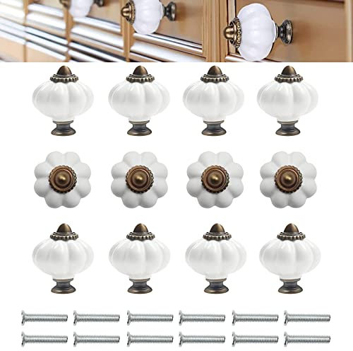 Boutons Ceramique,12 pcs Bouton Ceramique Meuble,Tiroirs Forme de Citrouille Bouton,Armoire à Tiroirs Porte Boutons,Poignée Cuisine,pour Maison,Bureau, Cuisine,Tiroirs et Placard Blanc