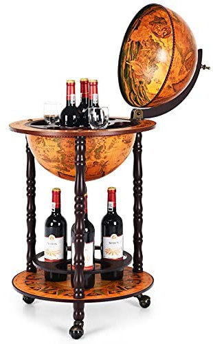COSTWAY Globusbar Weltkugel, Globus Bar auf Rollen, Barwagen Retro, Servierwagen Holz, Weinständer, 2 Ebenen Hausbar, Weinregal für Wein, Spirituosen, Getränke, Braun