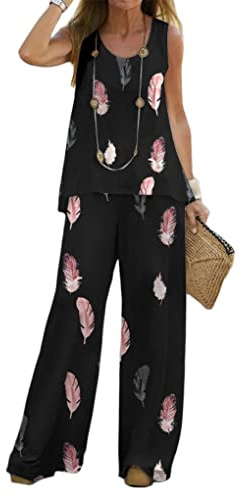shownicer Completo Donna Elegante Due Pezzi Tinta Unita Lino Coordinato Tuta Casual Ampia Abbigliamento Estivo Streetwear Canotta e Pantaloni 2 Pezzi Set A Nero01 XXL