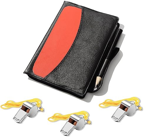 Lot de 3 sifflets d'arbitre avec 3 sifflets en acier inoxydable pour entraîneur avec lanière, carte d'arbitre rouge et jaune avec poche pour jeu de football